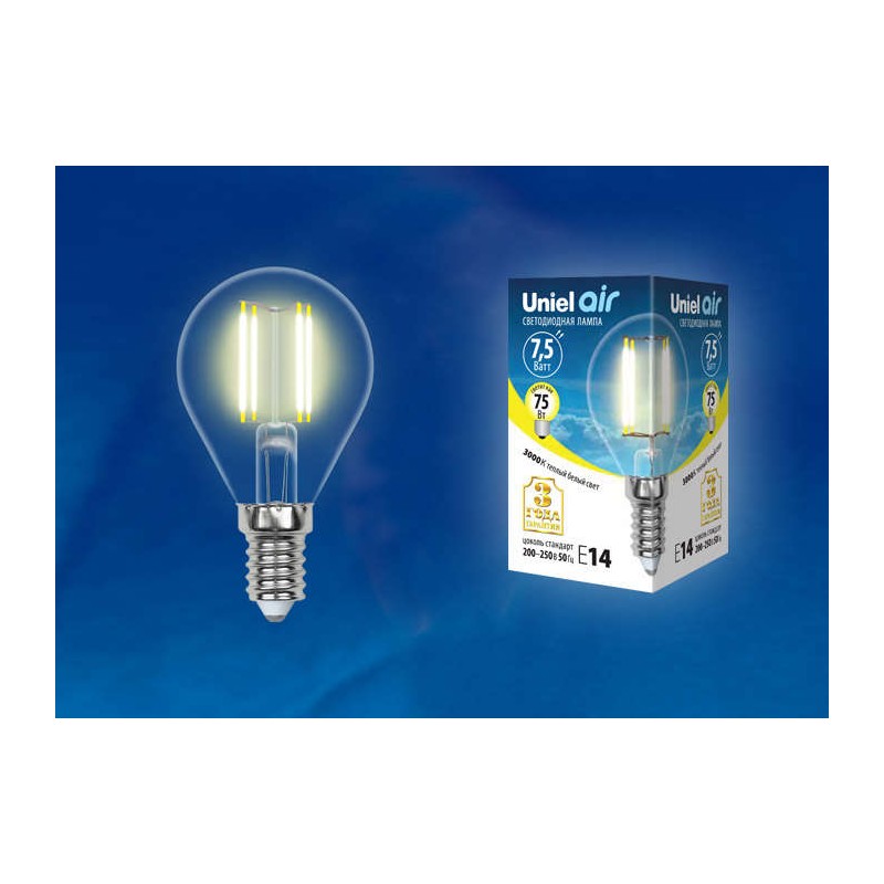 Лампа светодиодная LED-G45-7.5Вт/WW/E14/CL GLA01TR прозр. Uniel UL-00003250 Лампа светодиодная LED-G45-7.5Вт/WW/E14/CL GLA01TR прозр. Uniel UL-00003250