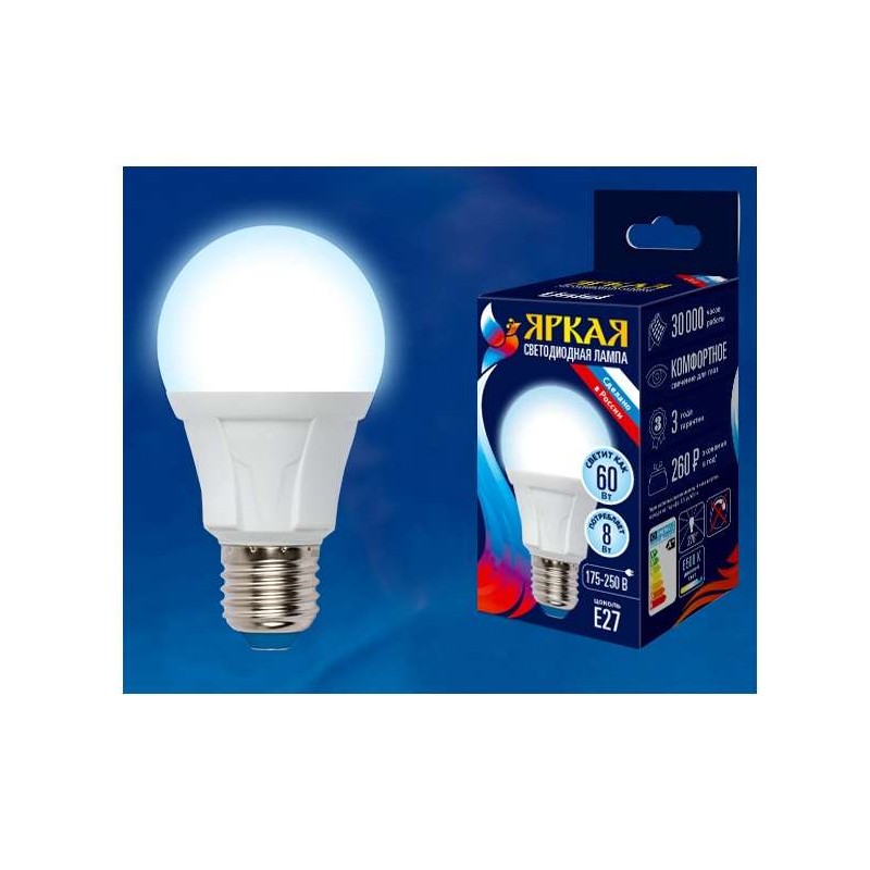 Лампа светодиодная LED-A60 8W/DW/E27/FR PLP01WH Яркая 8Вт грушевидная матовая 6500К холод. бел. E27 (упак. картон) Uniel UL-0000 Лампа светодиодная LED-A60 8W/DW/E27/FR PLP01WH Яркая 8Вт грушевидная матовая 6500К холод. бел. E27 (упак. картон) Uniel UL-0000
