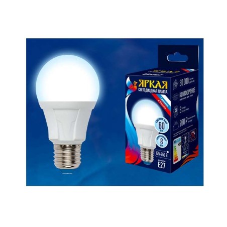 Лампа светодиодная LED-A60 8W/DW/E27/FR PLP01WH Яркая 8Вт грушевидная матовая 6500К холод. бел. E27 (упак. картон) Uniel UL-0000