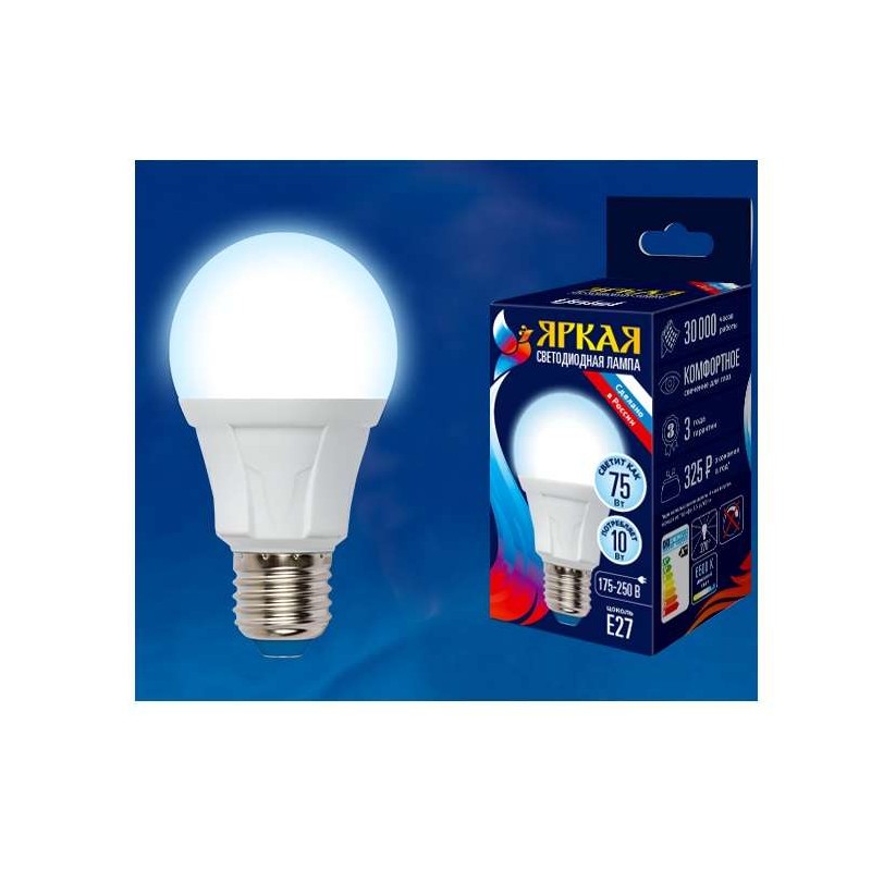 Лампа светодиодная LED-A60 10W/DW/E27/FR PLP01WH Яркая 10Вт грушевидная матовая 6500К холод. бел. E27 (упак. картон) Uniel UL-00