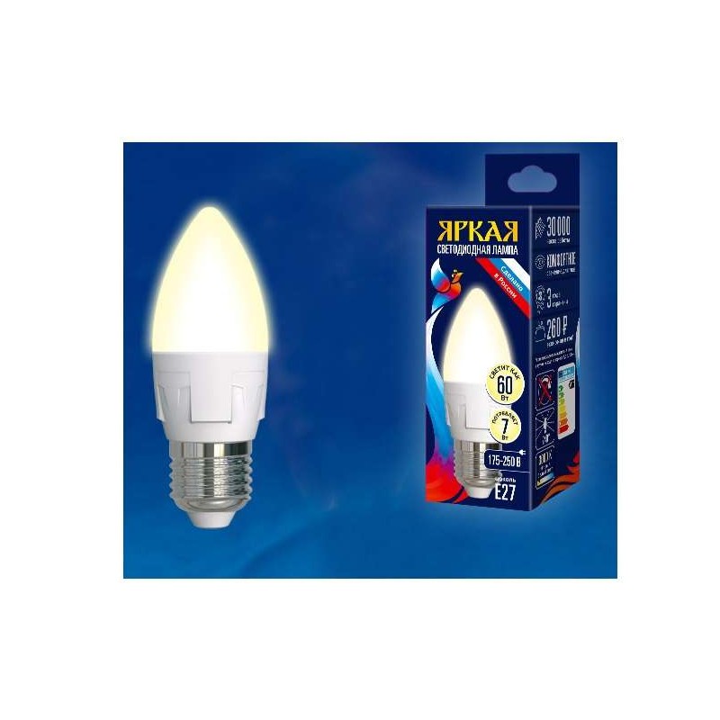 Лампа светодиодная LED-C37 7W/WW/E27/FR PLP01WH Яркая 7Вт свеча матовая 3000К тепл. бел. E27 (упак. картон) Uniel UL-00002414