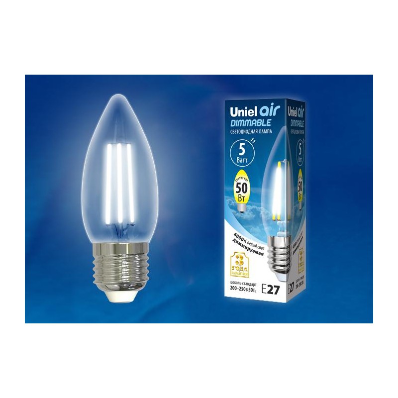 Лампа светодиодная LED-C35-5W/NW/E27/CL/DIM GLA01TR Air диммир. картон Uniel UL-00003642