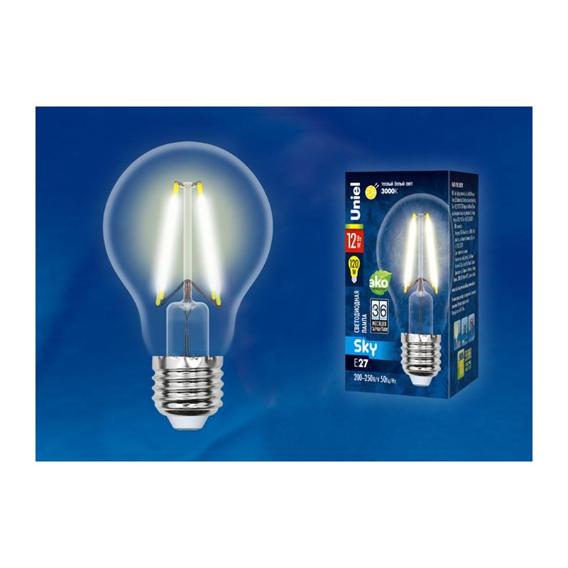 Лампа светодиодная LED-A60-12W/3000K/E27/CL PLS02WH Sky 12Вт A 3000К тепл. бел. прозр. картон Uniel UL-00004866