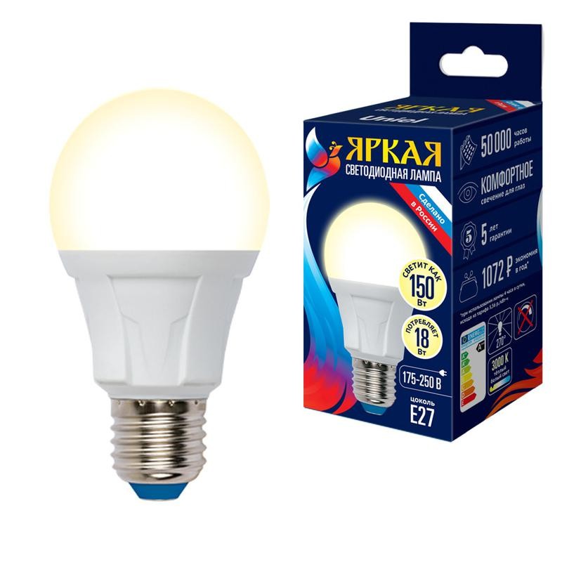 Лампа светодиодная LED-A60 18W/3000K/E27/FR PLP01WH Яркая 18Вт матовая 3000К тепл. бел. E27 (упак. картон) Uniel UL-00005036 Лампа светодиодная LED-A60 18W/3000K/E27/FR PLP01WH Яркая 18Вт матовая 3000К тепл. бел. E27 (упак. картон) Uniel UL-00005036