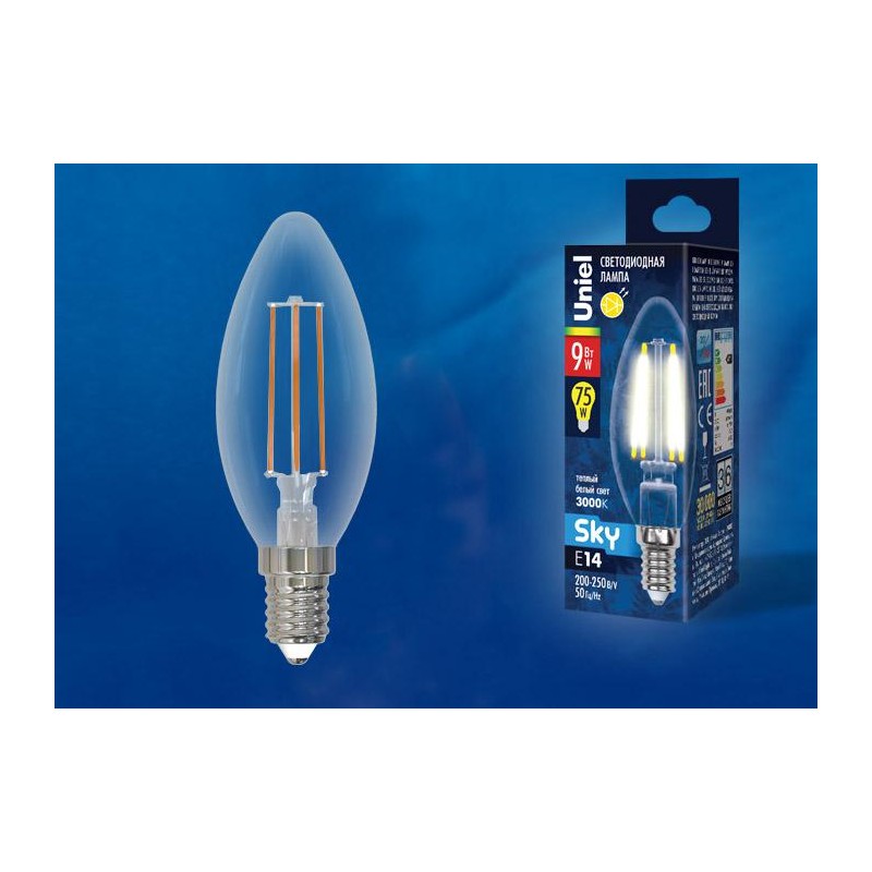 Лампа светодиодная LED-C35-9W/3000K/E14/CL PLS02WH Sky прозр. картон Uniel UL-00005160
