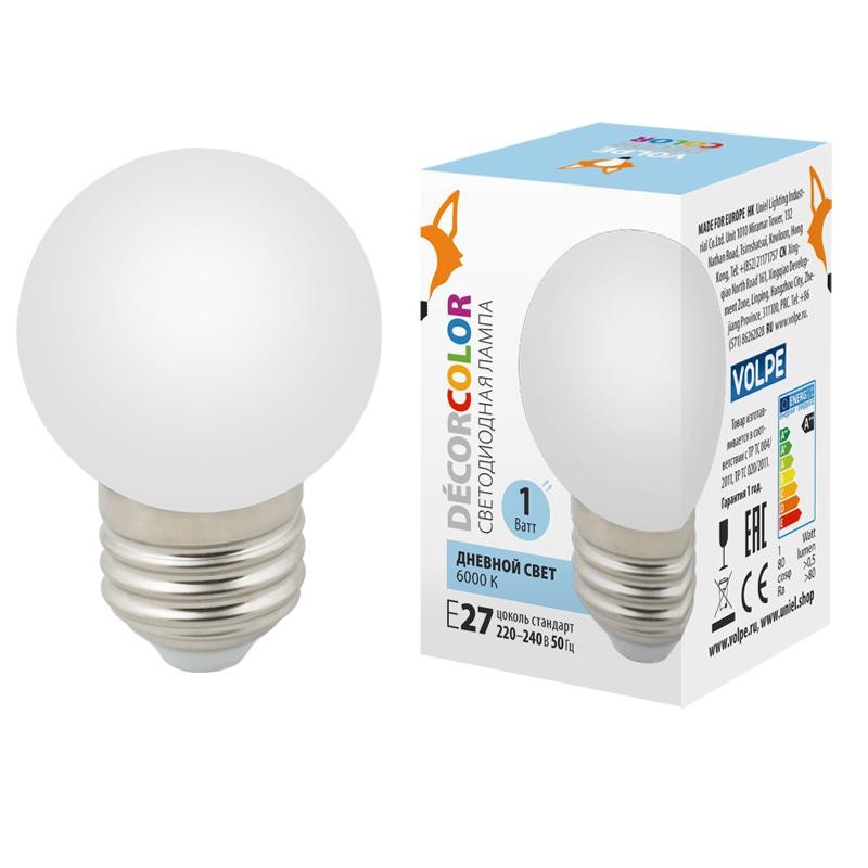 Лампа светодиодная LED-G45-1W/6000K/E27/FR/С 1Вт шар матовая 6000К холод. бел. E27 декоративная (упак. картон) Volpe UL-00005806 Лампа светодиодная LED-G45-1W/6000K/E27/FR/С 1Вт шар матовая 6000К холод. бел. E27 декоративная (упак. картон) Volpe UL-00005806