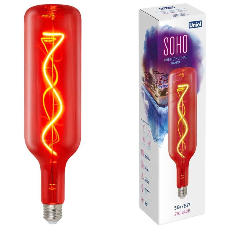 Лампа светодиодная LED-SF21-5W/SOHO/E27/CW RED GLS77RD SOHO красн. колба спиральный филамент картон Uniel UL-00007626