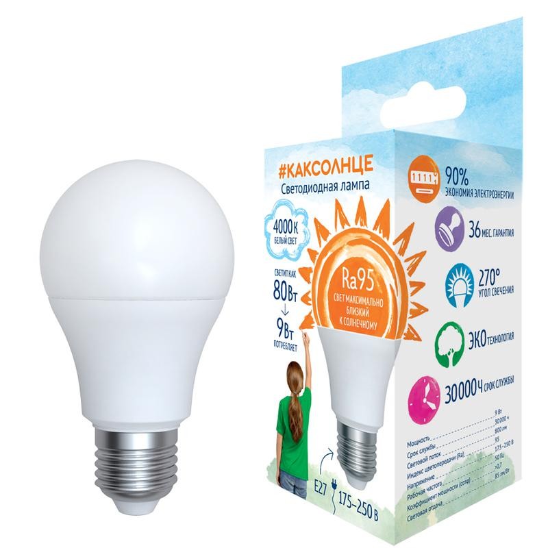 Лампа светодиодная LED-A60-9W/4000K/E27 /FR/RA95 PLK01WH 9Вт матовая как солнце 4000К нейтр. бел. E27 (упак. картон) Uniel UL-00