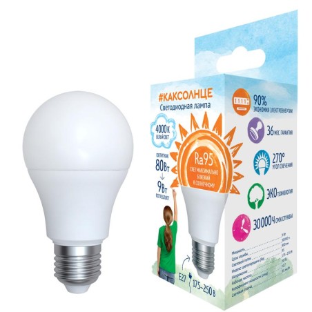 Лампа светодиодная LED-A60-9W/4000K/E27 /FR/RA95 PLK01WH 9Вт матовая как солнце 4000К нейтр. бел. E27 (упак. картон) Uniel UL-00