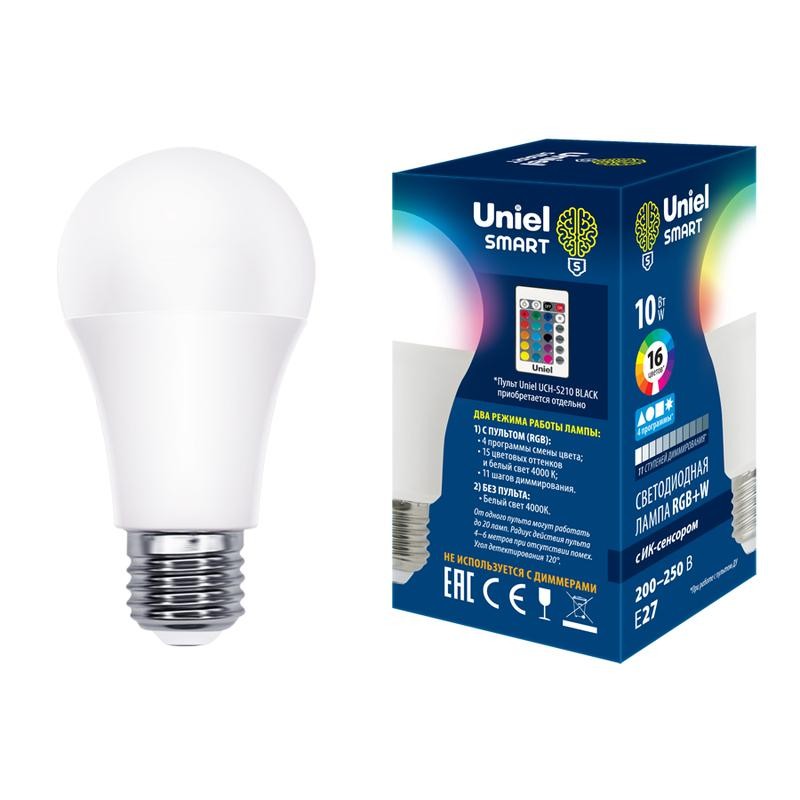 Лампа светодиодная LED-A60-10W/RGB/E27/REG PLS21WH 10Вт матовая E27 с ИК сенсором RGB свет пульт ДУ (н/к) (упак. картон) Uniel U