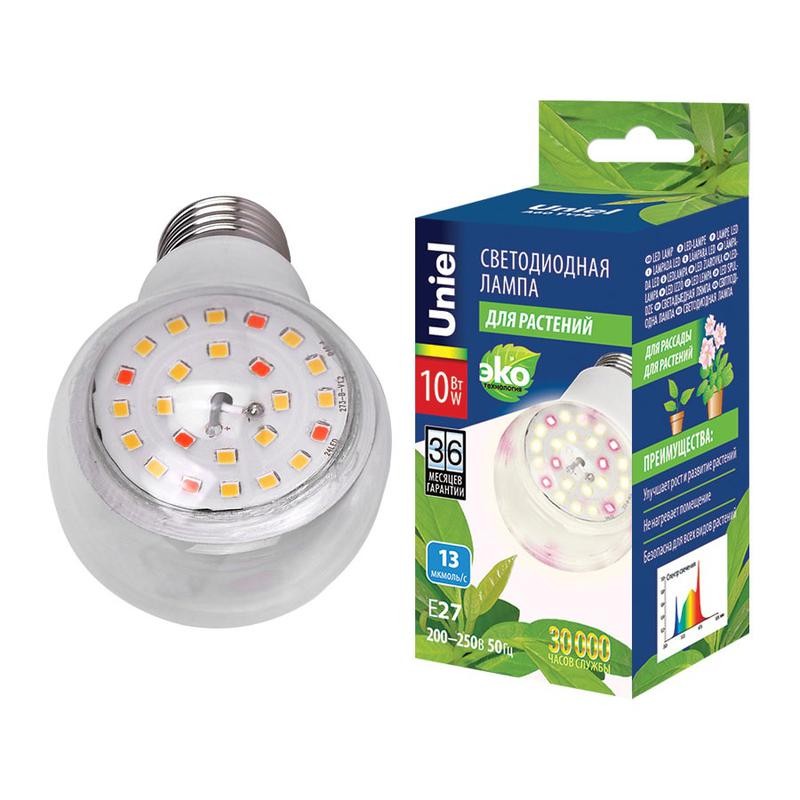 Лампа светодиодная LED-A60-10W/SPFB/E27/CL PLP30WH 10Вт A60 грушевидная прозрачная для растений спектр для фотосинтеза (упак. ка
