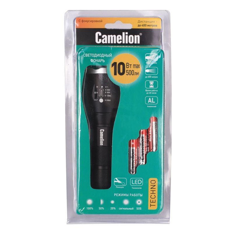 Фонарь LED5136 XML-T6 ZOOM 3 режима 3хLR03 (в компл.) алюм. черн. (открывающ. блист.) Camelion 12971 Фонарь LED5136 XML-T6 ZOOM 3 режима 3хLR03 (в компл.) алюм. черн. (открывающ. блист.) Camelion 12971