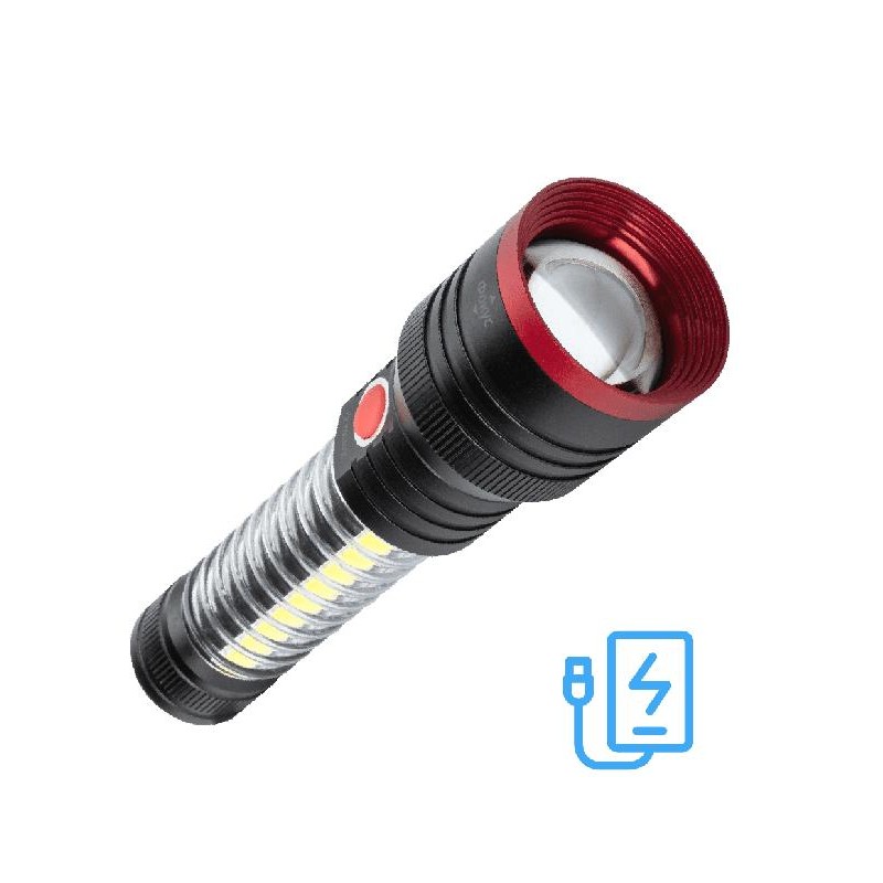 Фонарь аккумуляторный ручной 10Вт LED+5Вт COB LED+красн. zoom-линза Li-ion 18650 2200мА.ч Power-bank корпус анодир. алюм. USB-шн
